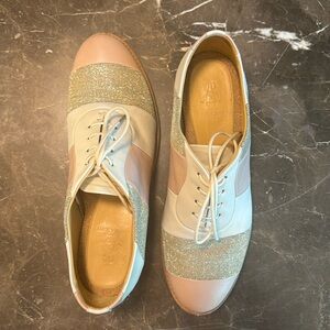 The office of Angela Scott Oxford shoes. Womens size 10. White/pink/gold stripes